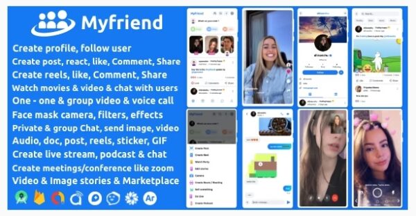 Myfriend v3.1 – Friend Chat Post Tiktok Follow Radio Group ecommerce Zoom Live clone social network app